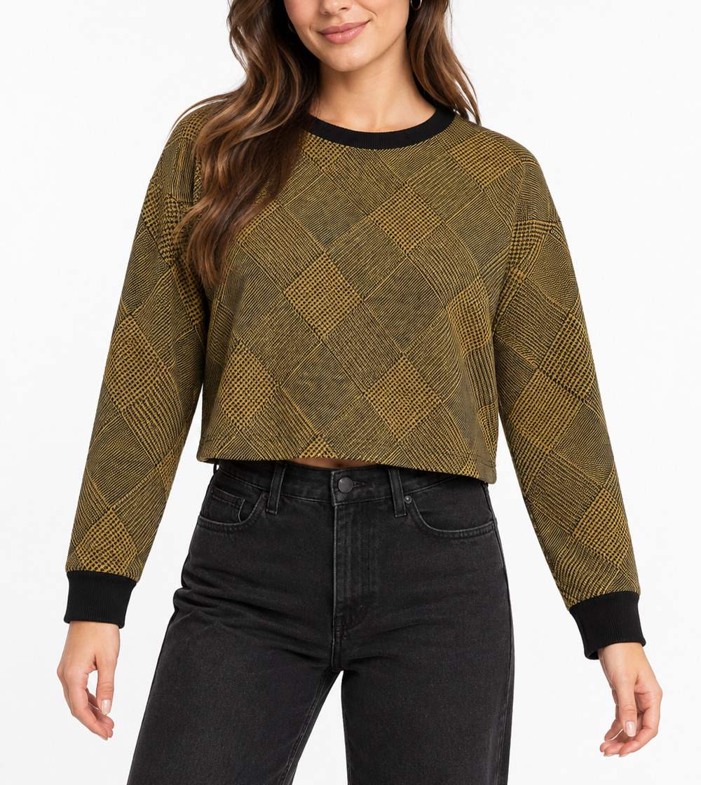 Forever 21 Womens M Mustard Black Plaid Cropped Sweatshirt Pullover
